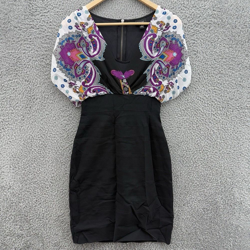 Nicole Miller Bodycon Black Cocktail Midi Dress Ruched Paisley Sleeveless Size 4
